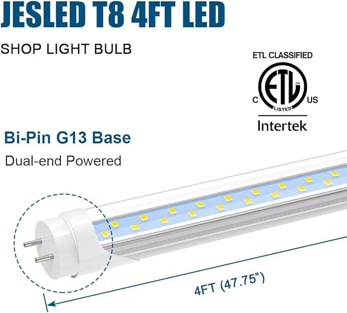 JESLED T8 LED 4FT Type A+B Light Bulbs, 24W(65W Equivalent), 3000LM, 5000K Daylight, Plug and Play or Ballast Bypass, 4 Foot LED Fluorescent Tube Replacement, ETL Listed, Dual-Ended, Clear(2-Pack)