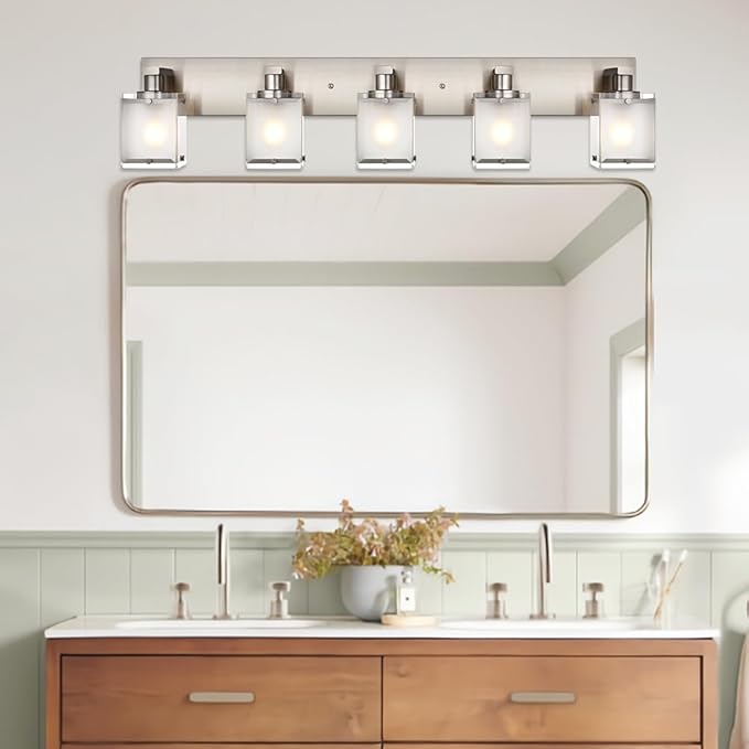 5-Lights Bathroom Vanity Light Fixtures, Modern Brushed Nickel Wall Sconce Lighting with Rectangular Frosted Glass Shades, E26 Bulb Base