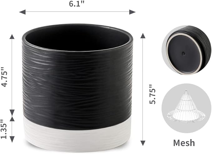 Nihow Ceramic Plant Pot: 6 Inch Planter with Drainage Hole & Saucer for Indoor & Outdoor Plants - Cylinder Round Flower Pot for Succulent/Herbs/Violets - Black & White