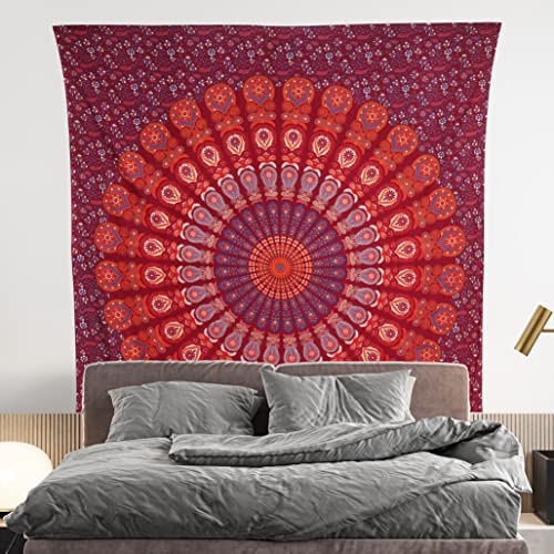 Bless International Handmade Indian hippie Bohemian Psychedelic Peacock Mandala Wall hanging College Dorm Beach Throws Table Cloth Bedding Tapestry (Blue Red, King(88x104Inches)(225x265Cms)) - color: Blue Red, size: 104"L x 88"W