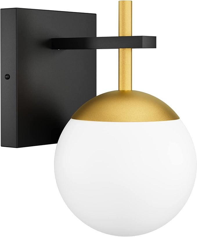 Ralbay Black Gold Wall Sconce, Mid Century Modern Wall Lighting Fixtures Milky Glass Indoor Wall Lamp for Home Decor Bathroom Kitchen Living Room Vanity Hallway, Black and Gold 1 Light