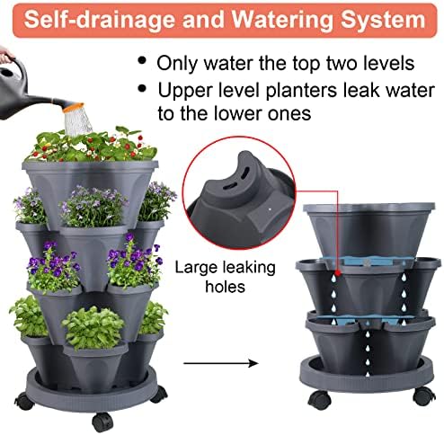 GameXcel Vertical Planter Tower - 4 Tier Stackable Garden Planters with Wheels and Tools Plant Pots for Strawberry Herb Flower and Vegetable Indoor Outdoor Use Dark Gray 2 Pack