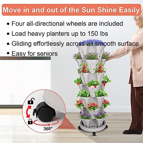 DUNCHATY Stackable Planter with Removable Wheels and Tools, Garden Planting Tower Planters, Indoor Outdoor Gardening Pots - 7 Tier Vertical Garden Planter