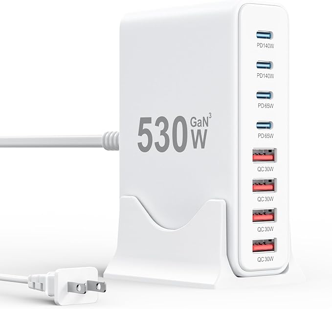 530W USB C Charger Block,8-Port USB C Charging Station GaN IV Travel Essentials Multiple Port Charging Station,100W Laptop Fast Charger Adapter for MacBook Pro/Air,DELL,iPad,iPhone,Samsung Galaxy