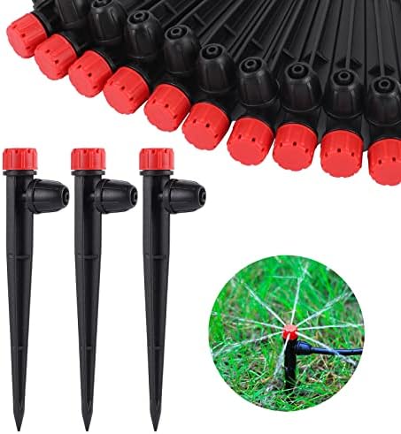 Drip Irrigation Emitters Adjustable 360 Degree Drip Emitters on 5" with Stake for 1/4" Drip Irrigation Tubing Irrigation Drippers for Garden Watering System. (50pcs-Red Drip)
