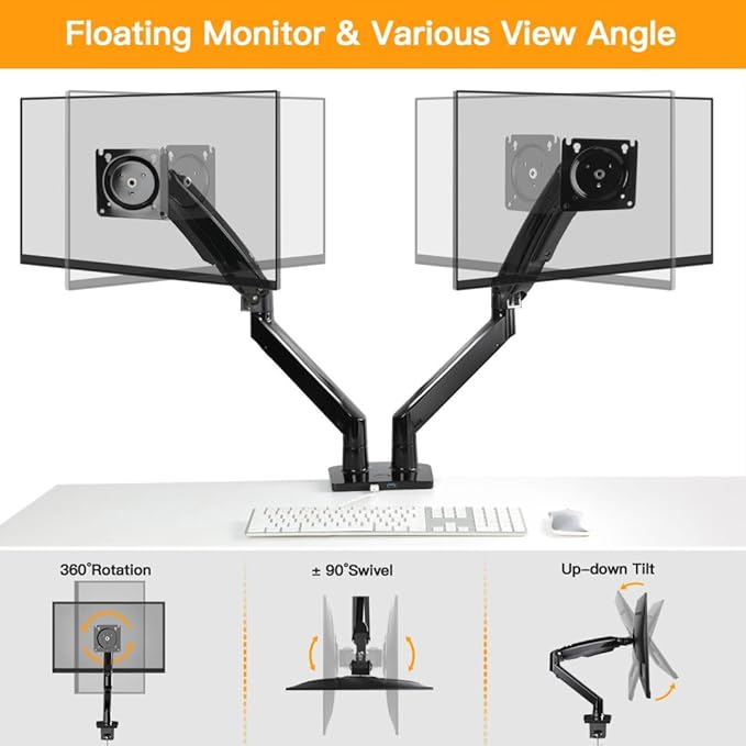 ErGear Dual Monitor Desk Mount up to 40 inches Screens, Max 26.4lbs Capacity Each, Heavy Duty Ultrawide Monitor Arm with USB Ports, Height Adjustable Monitor Stand, VESA 75x75mm or 100x100mm, Black