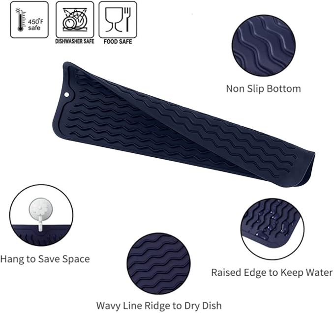 Silicone Dish Drying Mat for Multiple Usage,Easy clean,Eco-friendly,Heat-resistant Silicone Mat for Kitchen Counter,Sink,Bar,Bottle,or Cup Navy Blue M 17 inches x 6 inches