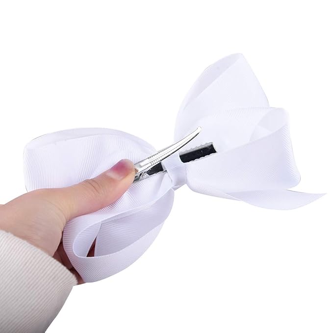 DEEKA 12 PCS 6" Big Hand-made Grosgrain Ribbon Hair Bow Alligator Clips Hair Accessories for Little Teen Toddler Girls - White