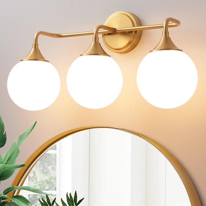 Gold Bathroom Light Fixtures, Modern Vanity Lighting Over Mirror, Mid Century Brushed Brass Wall Sconce 3-Light with Milky White Glass Ball Shades