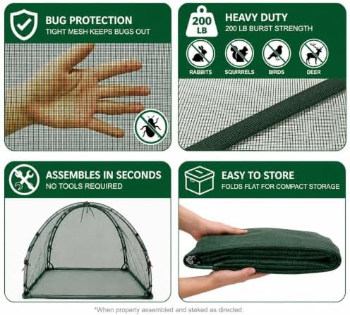 NuVue Products 25203 Pop-Up Garden Netting Animal and Bug Guard Covers with Ground Spikes, Mesh Plant Cover Tents for Pest and Animal Control, Pack of 2, Green, 36" x 36" x 38"