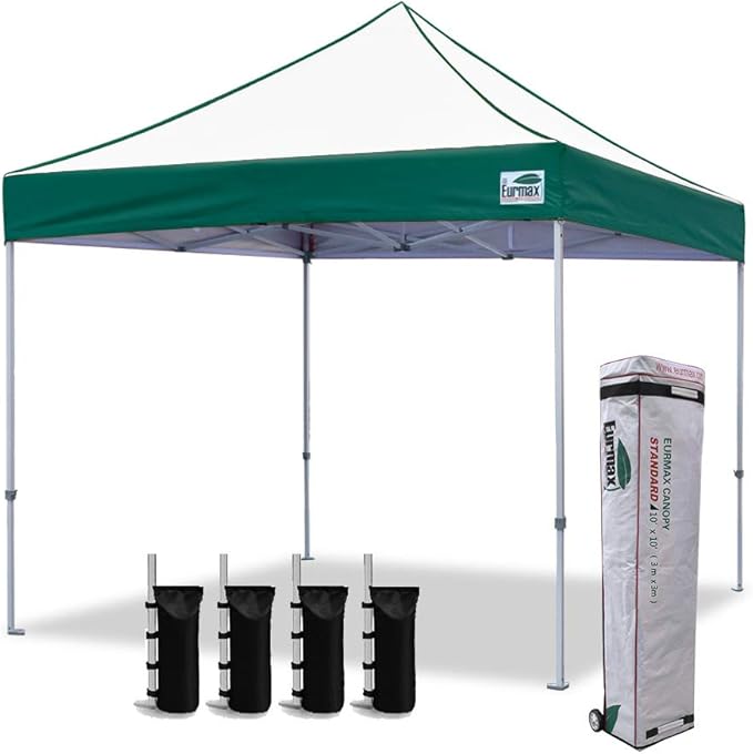 Eurmax USA Standard 10x10ft Patio Pop Up Canopy Tent for Outdoor Events Commercial Instant Canopies with Heavy Duty Roller Bag,Bonus 4 Canopy Sand Bags (Green&White)