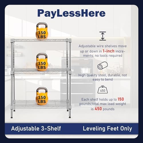 PayLessHere | 3-Tier Wire Shelf | 23"x13"x30" | Chrome | Adjustable Racks | Heavy-Duty Storage Shelves, Holds Upto 450 lbs | Rust-Resistant, No-Tool Assembly | for Home, Garage Shelving