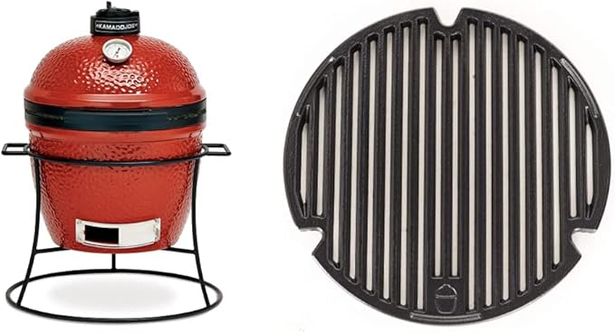 Kamado Joe KJ13RH Joe Jr. 13.5 inch Portable Charcoal Grill with Cast Iron Cart and Heat Deflectors, Blaze Red and Kamado Joe KJ15090620 Cast Iron Sear Plate