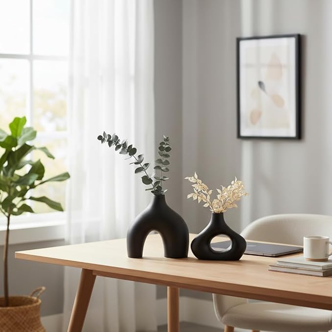 Carrot's Den Donut Vase, Set of 2 - Minimalist Nordic, White Ceramic Hollow Donut Vase Decor | Table Centerpiece, Olive Plant, Wedding, Living Room, Bookshelf, Office, Modern Home, Entryway, Console