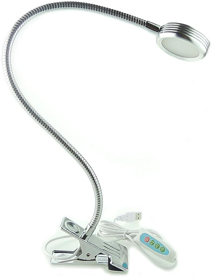 QUANS Dimmable Clip on Clamp LED Gooseneck Desk Light Lamp, Clip-on 3 Color Changeable Reading Lights, C-Clamp Nightlight, USB Port, 3 Color Temperature, Silver