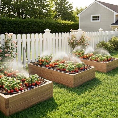 30 FT Drip Irrigation System 5/16 Inch Tubing with 10 Nozzles, Automatic Watering Misting System, Adjustable Sprinkler for Garden, Lawn, Plants, and Raised Bed