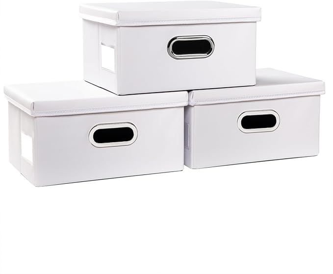 PRANDOM Collapsible Storage Box with Lid [3-Pack] Leather Fabric Foldable Storage Bin Organizer Container Basket Cube with Cover for Home Bedroom Closet Office Nursery White(13.6x9.6x6.9)