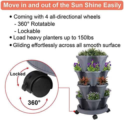 GameXcel Vertical Planter Tower - 4 Tier Stackable Garden Planters with Wheels and Tools Plant Pots for Strawberry Herb Flower and Vegetable Indoor Outdoor Use Dark Gray 2 Pack