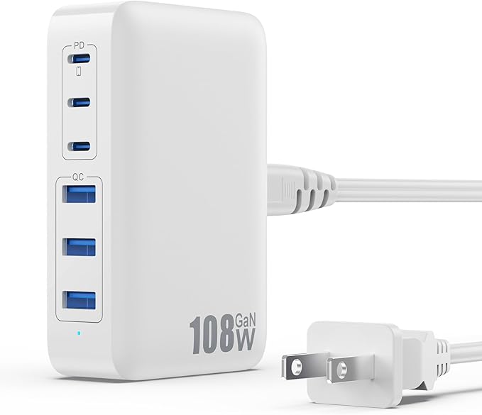 USB C Charger Block Charging Station,108W GaN III 6 Port 3xQC+3xPD Wall Charger Adapter Plug Cube,Super Fast Type C Charging Hub Box for iPhone 17 16 15 14 13 Pro Max iPad Samsung Pixel 5ft Cord-White