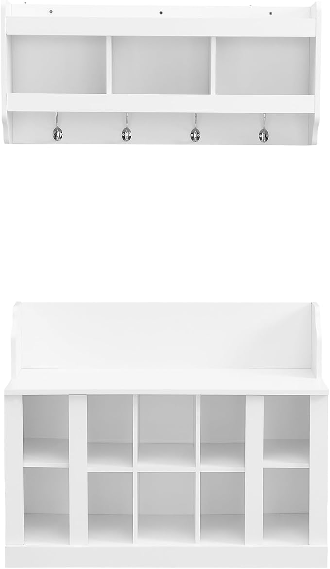 Shoe Storage Bench with Shelves and 4 Hooks, Entryway Hall Tree with Shoe Cabinet with Coat Rack