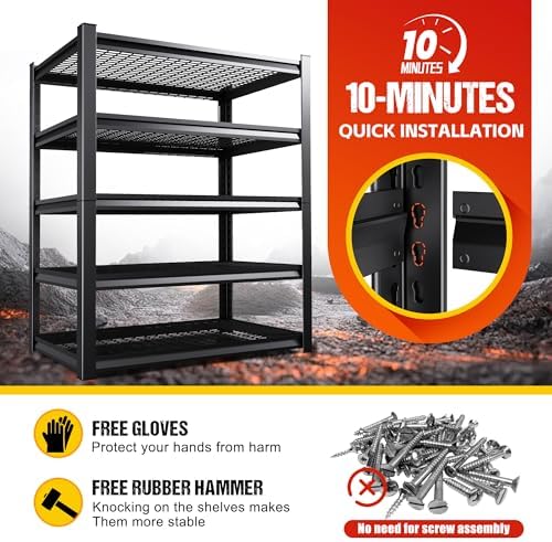Set of 5 Garage Shelving Heavy Duty Storage Shelves, Adjustable Metal Shelving Unit, Utility Garage Organizer Shelf for Basement, Pantry, Warehouse, Supermarket, 35.4" Wx15.7 Dx71.2 H,Black