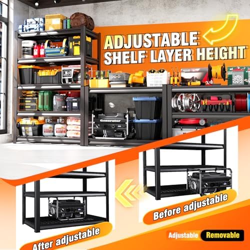 2 Pack Storage Shelves, Garage Shelving,Adjustable Garage Shelves,Heavy Duty Metal Shelving, 5 Tier Wood Utility Steel Shelf, Easy-to-Install Shelving Units and Storage 71.2''x46''x19.7