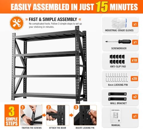 5000LBS Garage Shelving, 71" W Heavy Duty Metal Adjustable 4 Tier Storage for Warehouse, Basement, Shop and Office, Commercial-Grade Industrial Shelving, 71" W x 24" D x 69" H