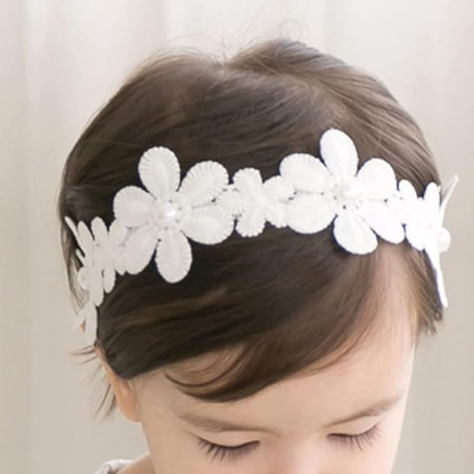 Baby Girl Headband White Lace Hairband Elastics Flower Head Wrap Hair Accessories Gift for Newborn Infant Toddlers Kids Baptism Shower Gift Birthday Wedding Party (Style 8)