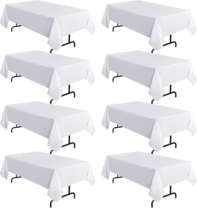 sancua 8 Pack White Tablecloth 60 x 120 Inch, Rectangle Table Cloth for 8 Feet Tables - Stain and Wrinkle Resistant Washable Polyester Table Cover for Dining Tables, Buffet Parties and Camping