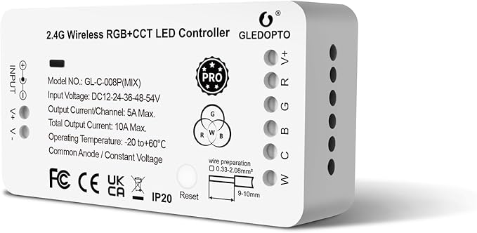 GLEDOPTO ZigBee 3.0 RGBCCT LED Strip Controller Pro RGB Color and Warm White Cold White Light Mix PWM Dimming Smart Phone App Voice Control Work with Hub Bridge (ZigBee Hub Required)
