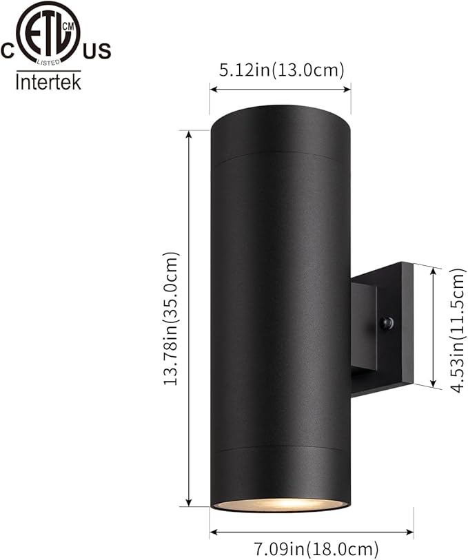 mirrea 14" Modern Outdoor Porch Light Patio Light in 2 Lights with Aluminum Cylinder and Tempered Glass Cover Waterproof Wall Sconce 2 Pack (Matte Black)