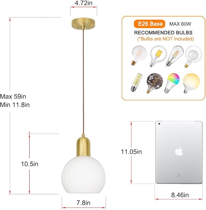 Mid Century Pendant Light with White Striped Glass, Ribbed Pendant Lighting, Brass Gold Kitchen Island Light, Globe Pendant Light Fixture, Adjustable Hanging Light for Barthroom Dining Room Hallway