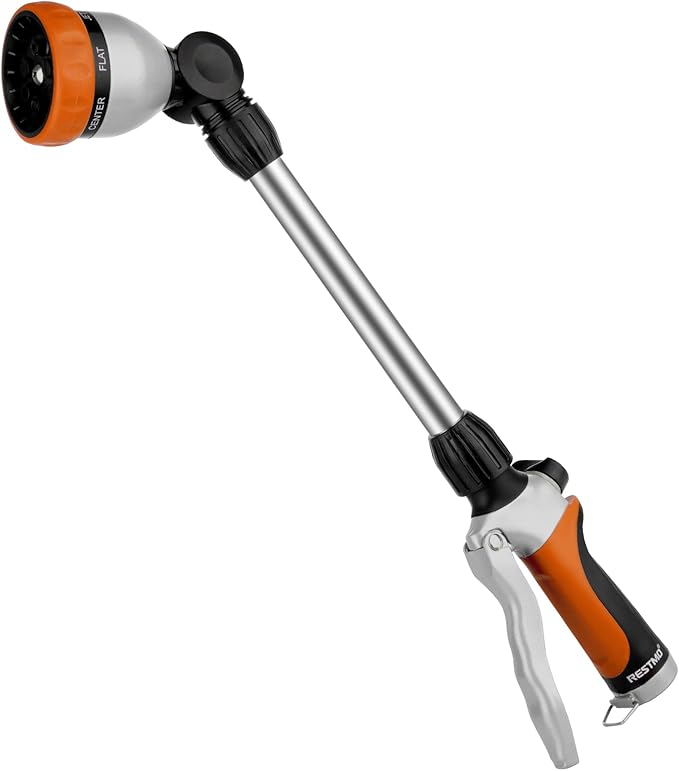 RESTMO Metal Watering Wand, Heavy Duty Garden Hose Wand with 180° Swivel Ratcheting Head, 16'' Hose Nozzle Sprayer with 7 Spray Patterns and Flow Control, for Water Hanging Baskets and Shrubs, Orange
