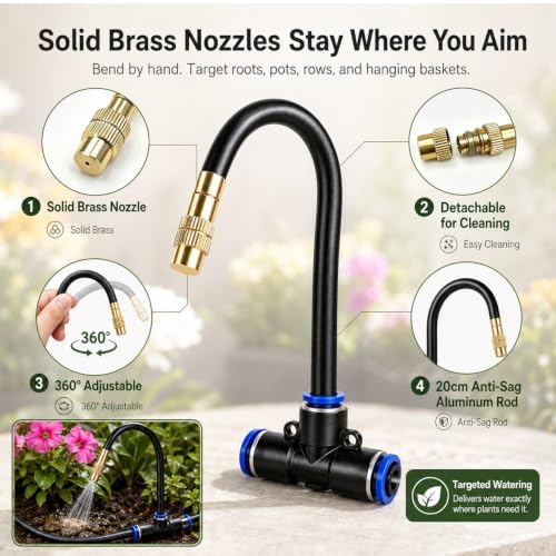 5/16" Drip Irrigation System 100 ft for with 20-Pcs 360° Adjustable Copper Nozzles for Garden, Automatic Misting Watering Sprinkler System Raised Beds, Greenhouse (100ft+20 nozzles)