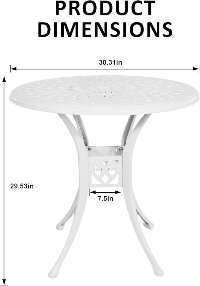 30.7" Cast Aluminum Round Patio Table,Metal Patio Dining Table with Umbrella Hole,All Weather Outdoor Bistro Dining Table for Backyard, Garden, Balcony, White