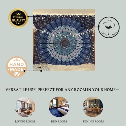 Bless International Handmade Indian hippie Bohemian Psychedelic Peacock Mandala Wall hanging College Dorm Beach Throws Table Cloth Bedding Tapestry (Blue Red, King(88x104Inches)(225x265Cms)) - color: Blue Red, size: 104"L x 88"W