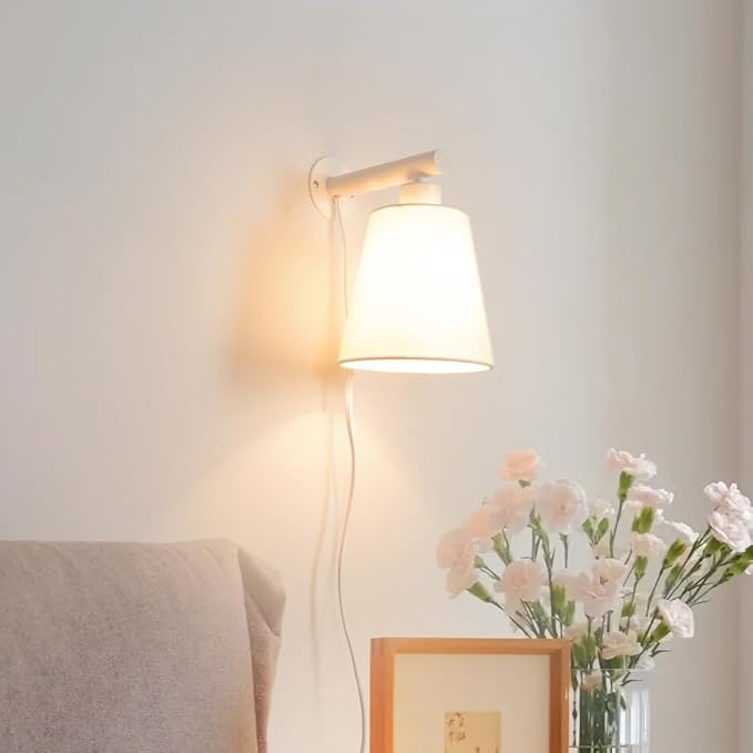 White Plug in Wall Sconces Set of Two, White Wall Sconce with Cord, Bedside Wall Lamps Plug in Set of 2 with Fabric Linen Shade, Wall Decor Bedroom Sconces for Living Room Hallway Porch