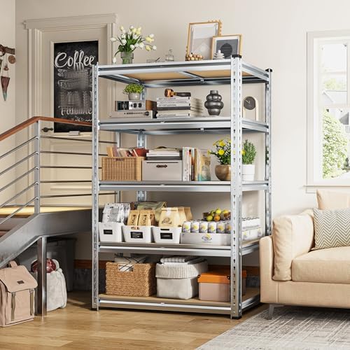 REIBII Garage Shelving, 5 Tier Storage Shelves Load 2400LBS, Adjustable Garage Shelving Heavy Duty, Metal Shelving Unit with Waterproof Columns, 35.5" W x 11.9" D x 72" H, Galvanized, 3 Pack