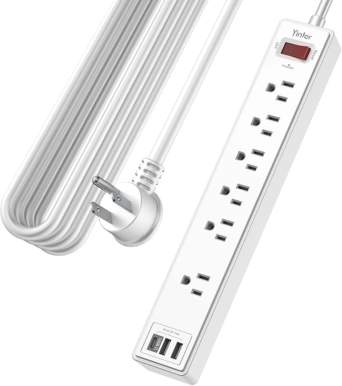 20Ft Power Strip Surge Protector - Yintar Extension Cord with 6 AC Outlets and 3 USB Ports for Home, Office, Dorm Essentials, 1680 Joules, ETL Listed, White