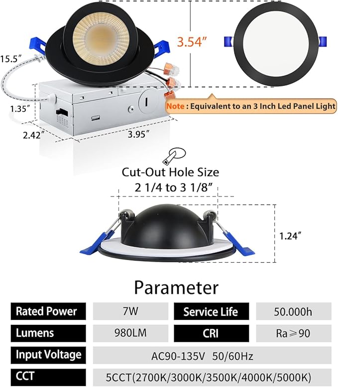 Adetu 3 Inch Gimbal Black Led Recessed Lighting, 360°+90° Adjustable Directional Led Recessed Lights, 2700K/3000K/3500K/4000K/5000K Dimmable Eyeball Canless Downlight with Jbox, ETL (Black, 8 Pack)