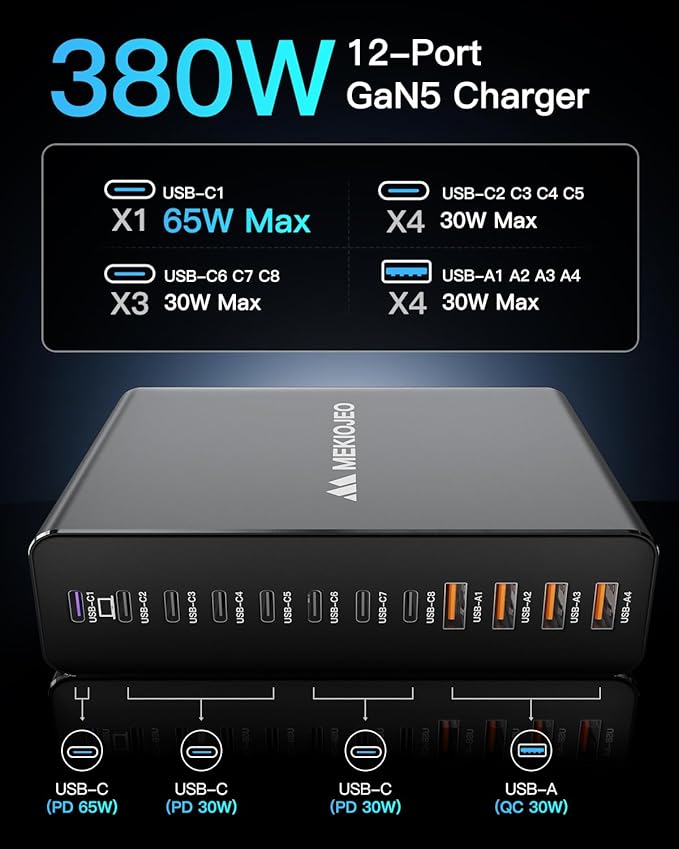 Aluminum Alloy 380W Charging Station Fast USB C Charger Block 12 Ports 65W Laptop GaN Charger for MacBook Pro/Air/iPad Pro/iPhone (Gray)