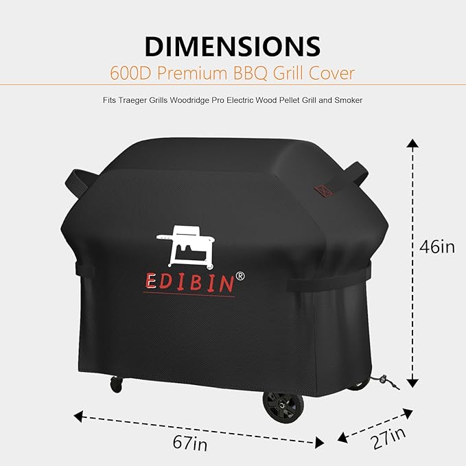 Grill Cover for Traeger Woodridge Pro Grill & Woodridge Elite Grill, BAC776 for Traeger TFB97JLH TFC97XLH Full Length Cover 600D Heavy Duty Waterproof,67" L x 27" W x 46" H