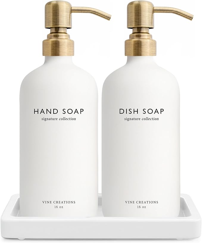 Vine Creations Glass Soap Dispenser Set, Kitchen Soap Dispenser Set with Ceramic Tray, 16 oz Dish Soap and Hand Soap Dispenser Set with Stainless Steel Pump Decor (White Bottle/Brushed Brass)