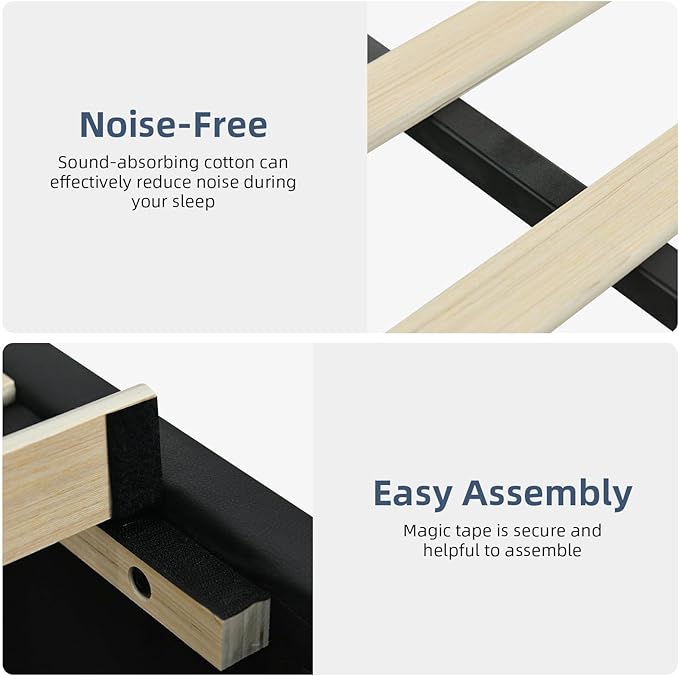 Twin Upholstered Bed Frame with LED Lights, Faux Leather Platform Bed with Headboard and Wooden Slats Support, No Box Spring Needed, Noise-Free, Easy Assembly, Black
