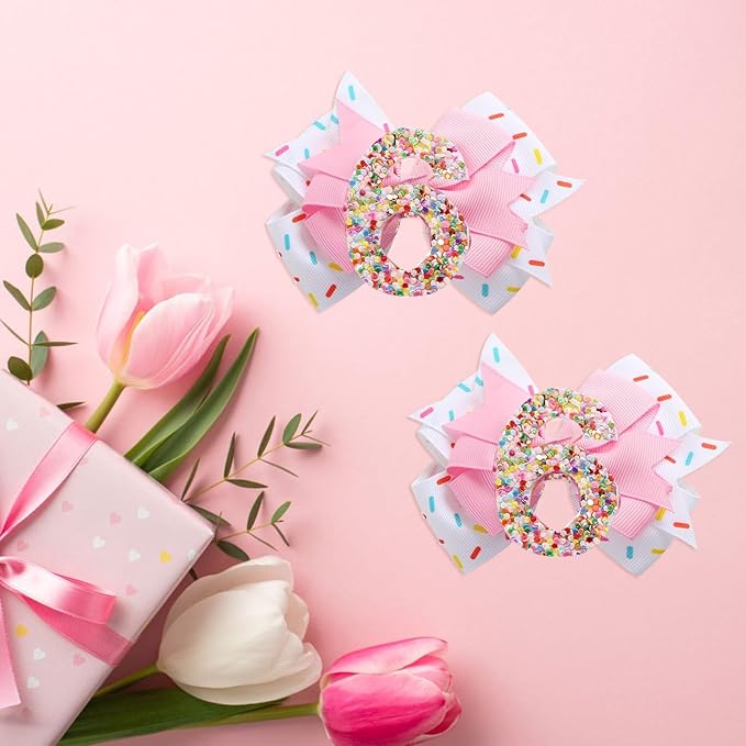 Birthday Hair Clips for Baby Girls - 2Pc Pink Sprinkle Bow Hair Clips for 6th Birthday Glitter Ice Cream Baby Bow Party Decorations for Girls Toddlers Hair Accessories (Pink-6 Years-Clips)