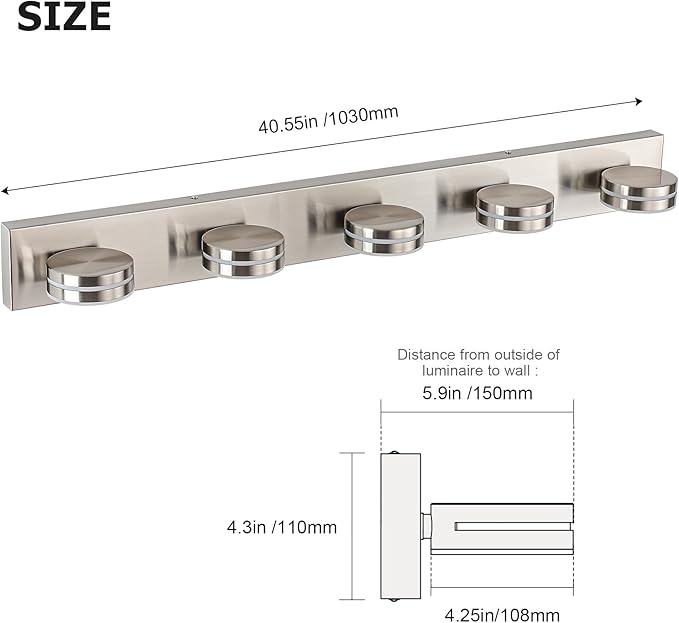 Brushed Nickel Bathroom Light Fixtures Over Mirror, 5-Light Bathroom Vanity Light, LED Dimmable Bath Lights, Modern Wall Mounted Lighting Fixture with Rotating Lamp Head