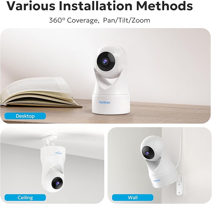 owltron Indoor Security Camera 2K, 360° Cameras for Home Security with Motion Detection, 2.4G WiFi for Baby/Pet/Nanny/Camara with Night Vision, Siren Alarm & 2-Way Audio, Compatible with Alexa