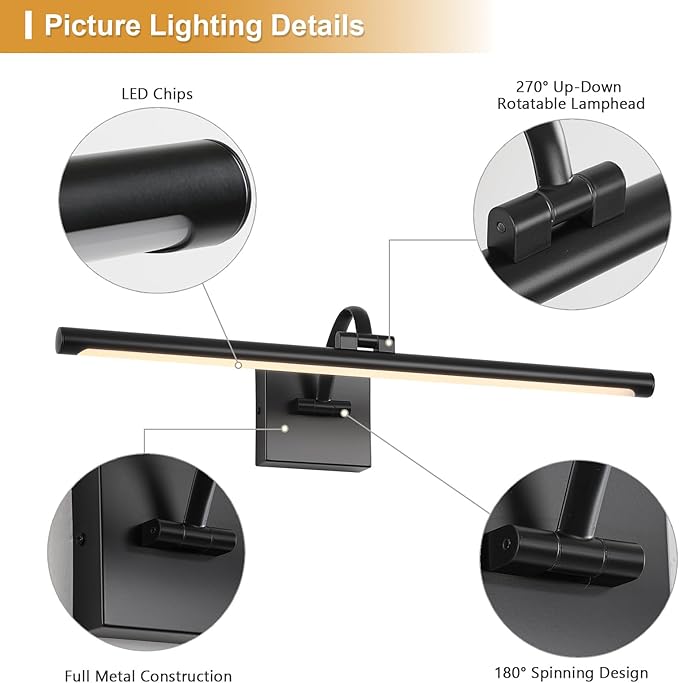 DESOOP Black Picture Lights for Wall Hardwired LED Picture Lighting Dimmable Gallery Light Art Light for Wall Portrait Artwork 23.62 inch 14W Warm White