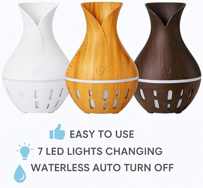 300ML Air Humidifier & Aroma Diffuser Home Fragrance Room Decor Essential Oil Diffuser Humidifiers for Bedroom Cool Mist 7 LED Light Car Air Freshener (Light Wood-2)
