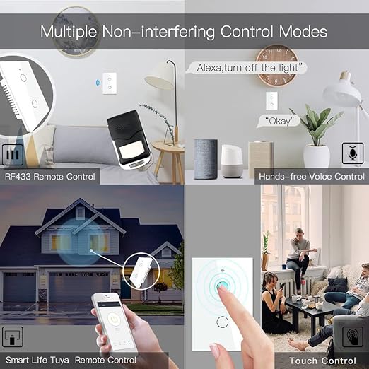 MOES 2.4GHz WiFi Wall Touch Smart Switch Neutral Wire Required, 3 Way Multi-Control, Glass Panel Light Switch Work with Smart Life/Tuya App, RF433 Remote Control, Alexa and Google Home White 2 Gang